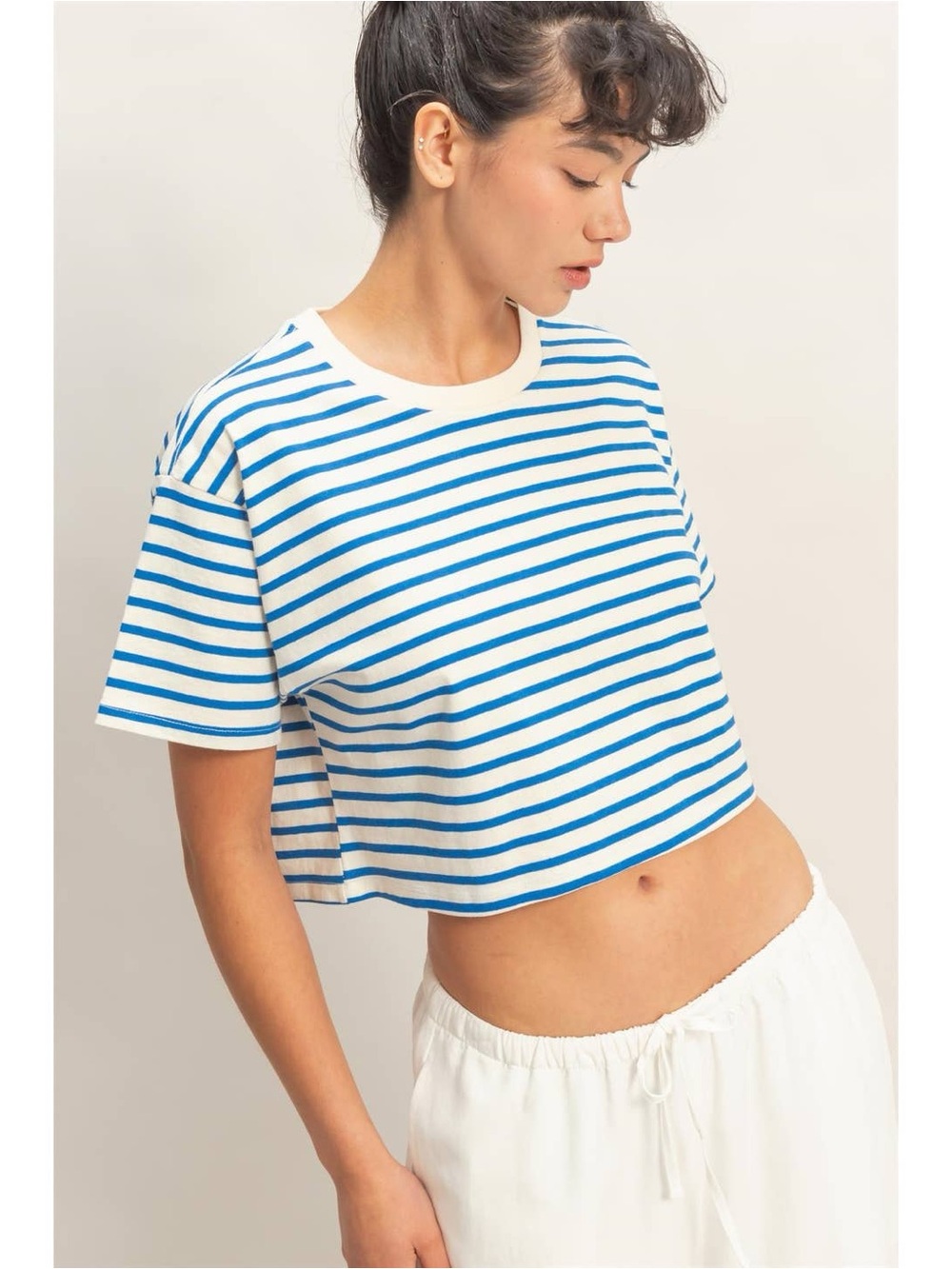 296 • Striped Oversized Short Sleeve Cropped Tee